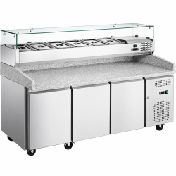 Pizzakylbänk 3 dörrar med Kylränna för 9xGN1/3 & Hjul Granit-topp Djup 800mm Ventilerad kyla | Adexa PZ36+PT36