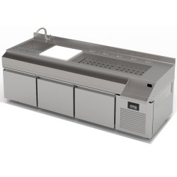 Barkylbänk 3 dörrar med Islåda & Flaskränna & Diskho & Vattenkran & Skärbräda & 5xGN1/9 kantinhållare & Mixerhylla | Adexa TPG73L3DCT207